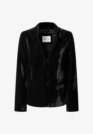 Zwarte fluwelen blazer met inkeping revers, lange mouwen en een voorzijde sluiting, gelabeld "WEST 11 Pepe Jeans London."