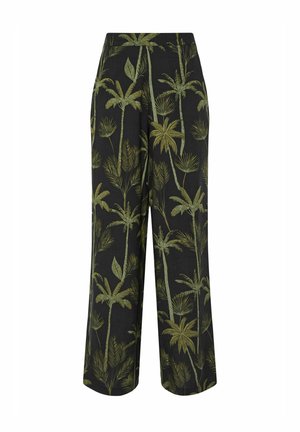 Wide-leg trousers in black fabric featuring a green palm leaf pattern. Elastic waistband, lightweight texture ideal for warm weather.