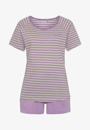 Pruhovaný krátky rukáv pyžamový set v levanduľovo-krémovej farebnej schéme. Top má zaoblený výstrih a vyšívaný detail "úsmev".