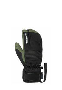 Black and green mittens with a textured, padded design. Features include elastic wrist, adjustable strap, and logo on the side.