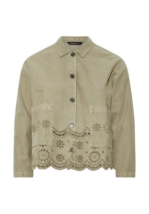 Khaki corduroy jacket with a collared neckline, front buttons, two patch pockets, and decorative embroidered scalloped hem detail.