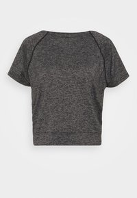 T-paita lyhythihaisena, tummanharmaana, valmistettu teksturoidusta kankaasta, jossa on raglan-hihat ja pyöreä kaula-aukko hienovaraisilla ompelu yksityiskohdilla.