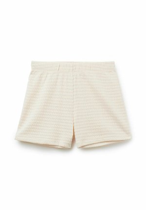 Cream-colored textured fabric shorts with an elastic waistband, designed for comfort and casual wear.
