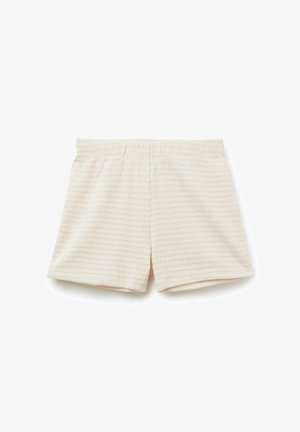 Pantaloncini in tessuto crema strutturato con vita elastica, progettati per il comfort e l'uso casual.
