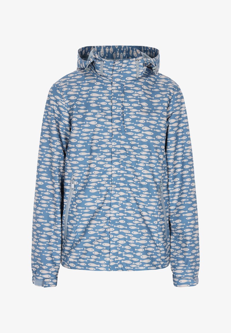 Let blå jakke med et fiskemønster i hvid. Den har hætte, frontlås og sidelommer og er lavet af et glat, vandafvisende stof.