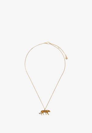 Collana dorata con pendente a forma di leopardo, caratterizzata da un corpo testurizzato e macchie nere, su una catena delicata con chiusura regolabile.