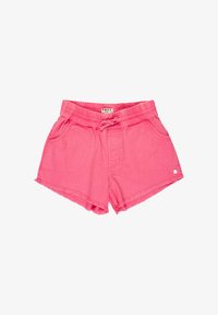 Pantalones cortos casuales para niñas en color rosa brillante, con cintura elástica, cordón ajustable, bolsillos laterales y dobladillos deshilachados.