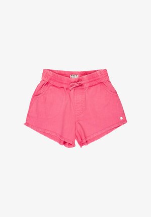 Pantalones cortos casuales para niñas en color rosa brillante, con cintura elástica, cordón ajustable, bolsillos laterales y dobladillos deshilachados.