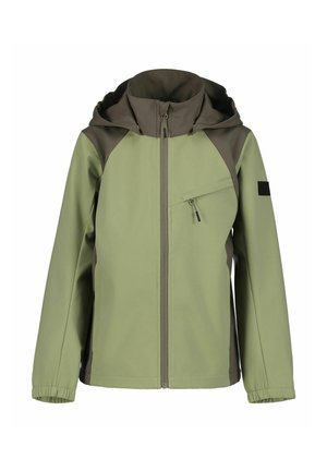 Veste verte et marron avec capuche, fermeture éclair, poche avant, poignets élastiques et matériau résistant à l'eau. Présente un design bicolore.