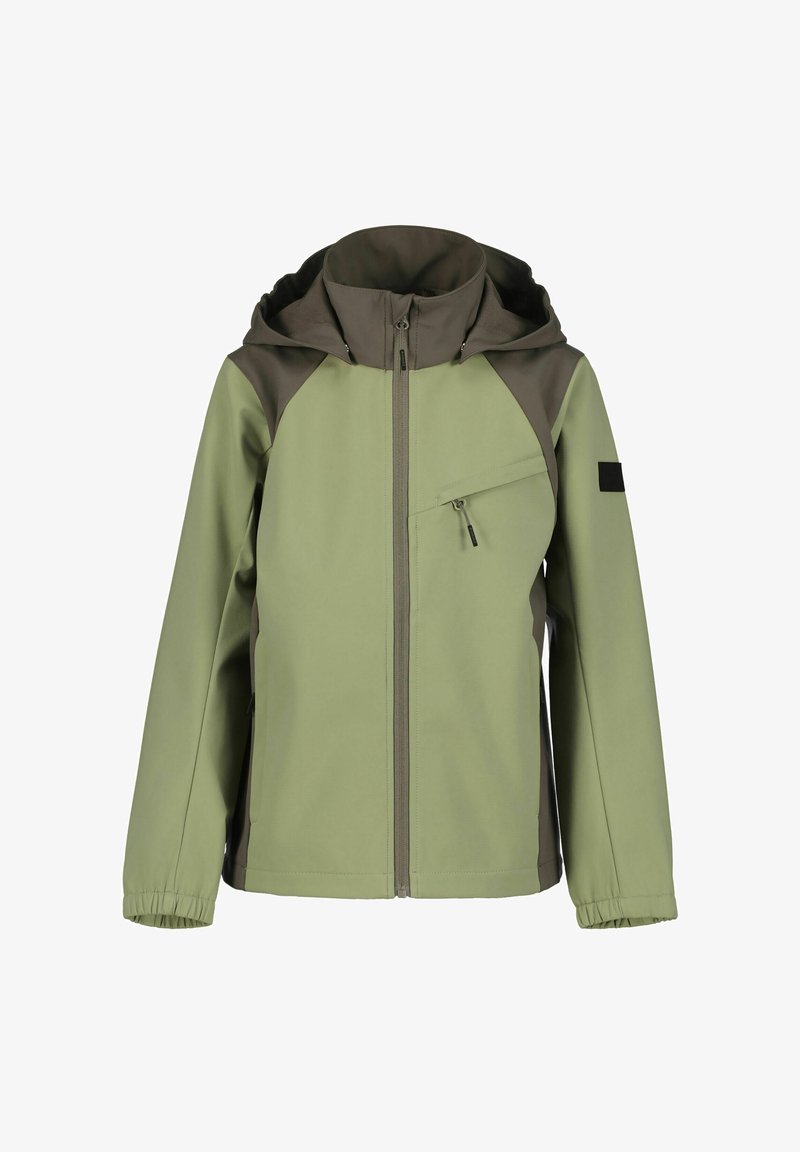 Grüne und braune Jacke mit Kapuze, Reißverschluss, Vordertasche, elastischen Bündchen und wasserabweisendem Material. Verfügt über ein Color-Block-Design.