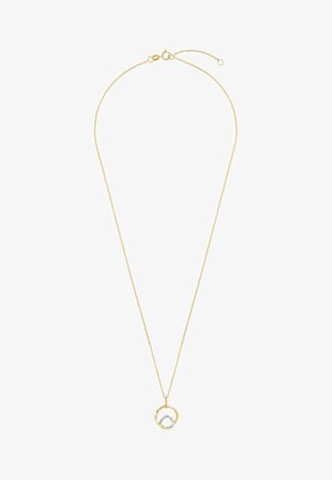 Guldhalskæde med to sammenflettede cirkulære vedhæng, et guld og et sølv, mod en hvid baggrund.