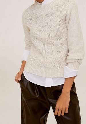 Světlý béžový pletený svetr přes bílou košili, kombinovaný s tmavě hnědými kalhotami z kůže s vysokým pasem, ruce volně podél těla.