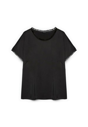 Black short-sleeve blouse with frayed edges on the neckline and sleeves, made from smooth fabric, displayed on a white background.