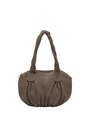 Brązowa torebka zamszowa z marszczoną podstawą i skręcanymi podwójnymi uchwytami, wyposażona w górne zamknięcie na suwak.