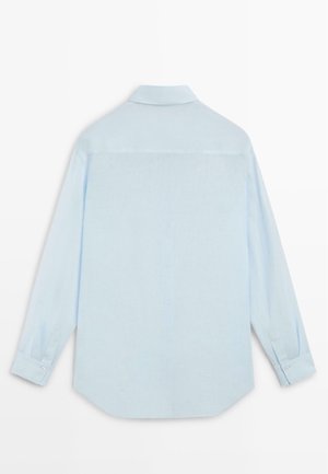 Hellblaues, langärmeliges Hemd mit Knöpfen, von hinten gezeigt, mit klassischem Kragen und geknöpften Manschetten.
