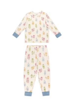 Kinder-Schlafanzug in Cremefarbe mit langärmeligen Oberteilen und Hosen, verziert mit mehrfarbigen Hundemustern und blauen Bündchen an Ärmeln und Hosenbeinen.