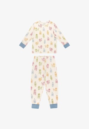 Pigiama per bambini color crema con maniche lunghe e pantaloni, decorato con motivi di cani multicolori e bordi blu su maniche e pantaloni.