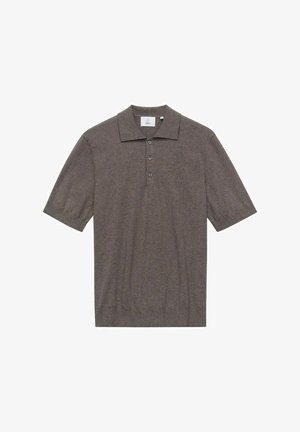 Korte mouwen polo in bruin van textuurstof, met een klassieke kraag en drie knopen aan de sluiting, voorzien van zijsplits aan de onderkant.