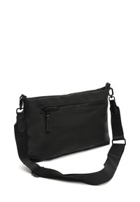 Borsa a spalla nera in nylon con tasca frontale con zip, cinturino regolabile, texture liscia e design minimale.