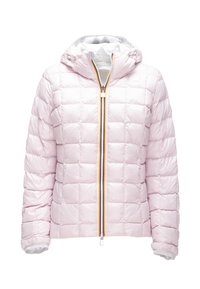 Giacca a vento imbottita rosa chiaro con cappuccio, caratterizzata da una texture trapuntata, chiusura con zip con bordo colorato e polsini elastici.