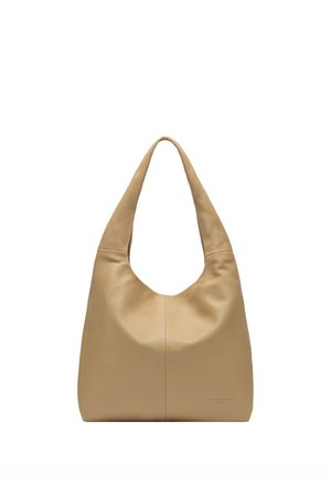 Beige Leder-Umhängetasche mit weicher Textur und breitem Riemen, besticht durch ein minimalistisches Design und dezente Nähte entlang der Mitte und der Ränder.