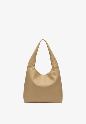 Beige leather shoulder bag with soft texture and wide strap, featuring a minimalist design and subtle stitching along center and edges.