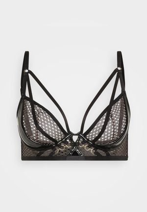 Černý krajkový bralet s síťovaným designem, lesklými akcenty a několika tenkými popruhy pro podporu. Obsahuje dekorativní zlaté kovové detaily.