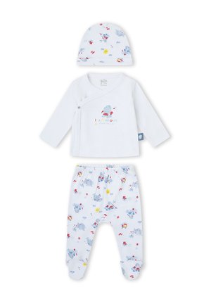 Conjunto de ropa de bebé blanco con camiseta cruzada de manga larga, pantalones con pies y gorro con dibujos animados de hipopótamos y soles.