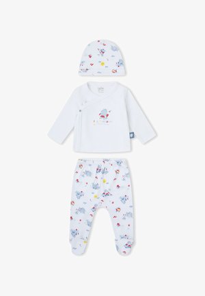 Conjunto de ropa de bebé blanco con camiseta cruzada de manga larga, pantalones con pies y gorro con dibujos animados de hipopótamos y soles.