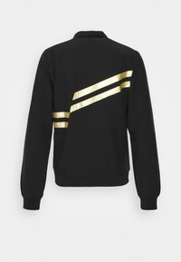 Black jacket featuring diagonal gold stripes on the back, ribbed cuffs and hem, and a classic collar. Smooth, lightweight fabric.