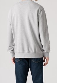 Felpa grigia con collo tondo, polsini e orlo a costine; tessuto morbido; abbinata a jeans blu con taglio classico e design delle tasche.