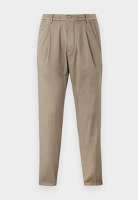 Beige Hose aus weichem Stoff, mit lockerem Schnitt, gefaltetem Vorderteil, elastischem Bund und schmal zulaufenden Beinen.