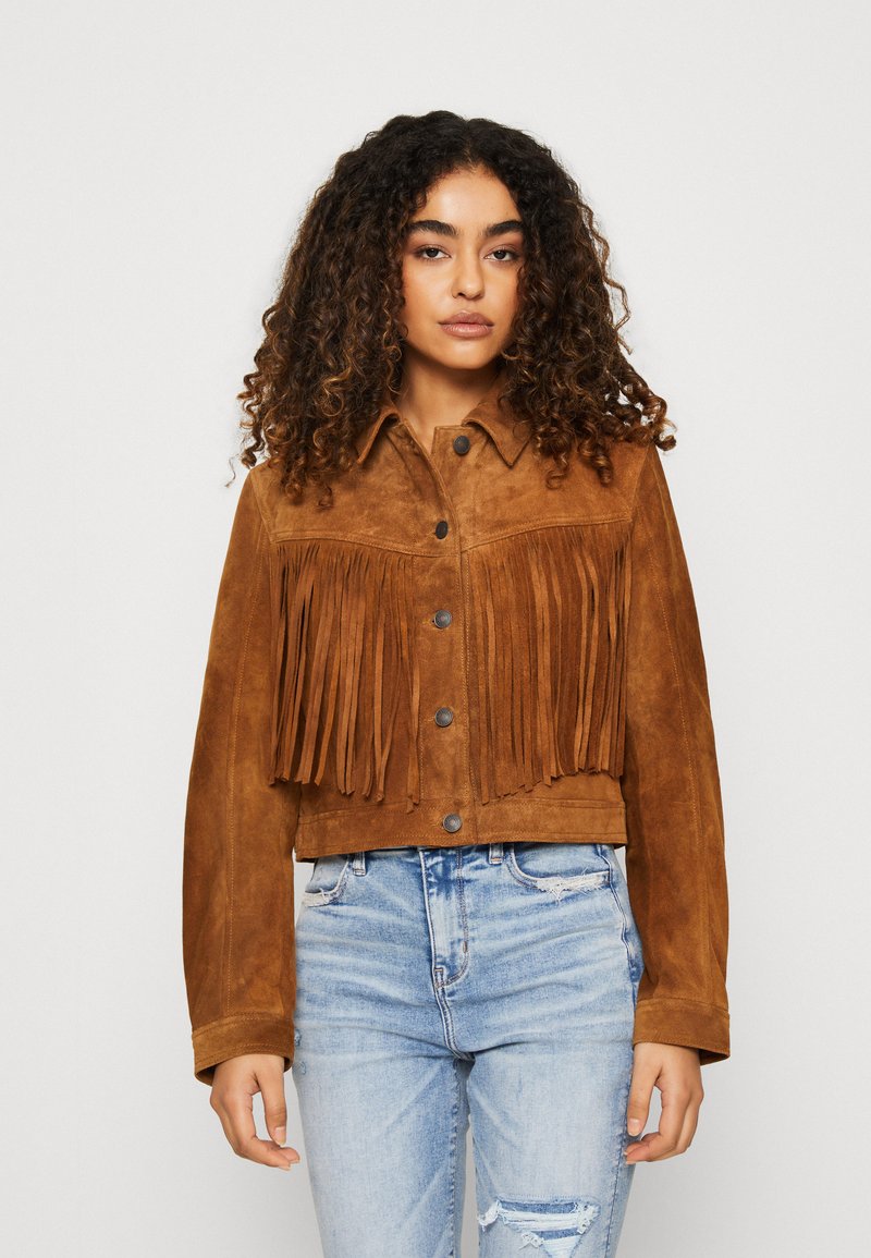 American Eagle CROP FRINGE JACKET Denim jacket brown/camel Zalando.ie