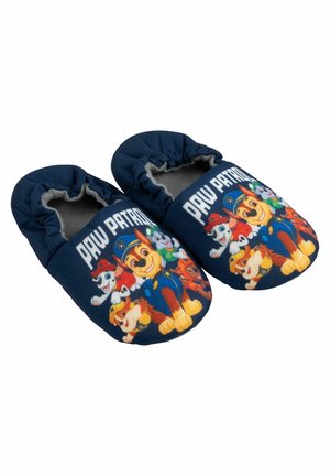 Navy blue toddler slippers with "Paw Patrol" characters and logo printed on the front, featuring elasticized ankle openings for a snug fit.