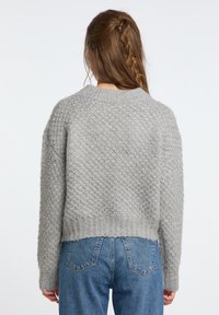 Maglione grigio lavorato a maglia con un motivo testurizzato, scollatura rotonda e maniche lunghe. Fit cropped con orlo e polsini a coste. Indossato con jeans blu.