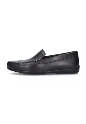 Mocassini neri in pelle con finitura liscia, punta arrotondata e dettagli cuciti. Design slip-on con suola piatta in gomma per il comfort.