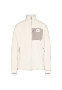 Fleecejakke i off-white med en grå brystlomme, glidelås, to sidelommer med glidelås og ribbestrikkede mansjetter med grå striper.