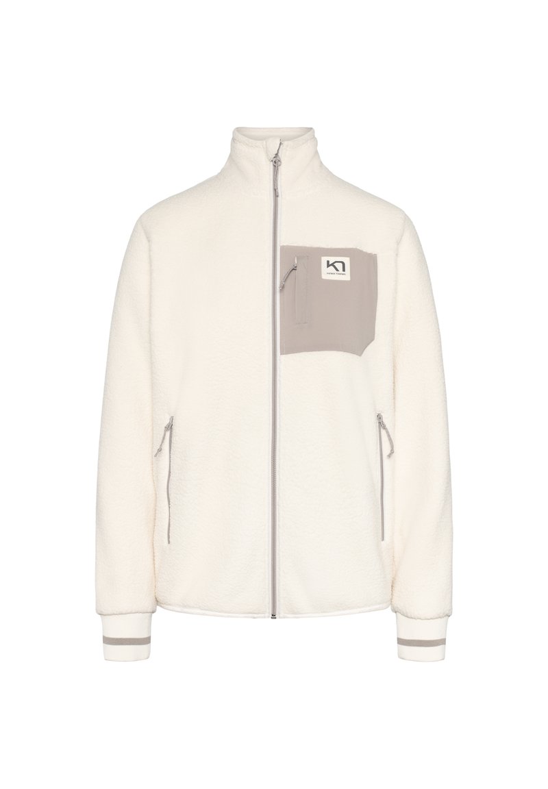 Fleecejakke i off-white med en grå brystlomme, glidelås, to sidelommer med glidelås og ribbestrikkede mansjetter med grå striper.