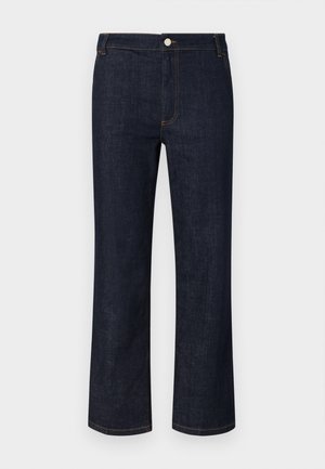 Dark blue jeans made of denim, featuring a straight leg design, copper stitching, and a front button closure with a zip fly.