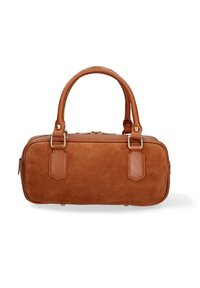 Borsa in suede marrone con due manici superiori, forma rettangolare, dettagli testurizzati e hardware in tonalità dorata. Chiusura con zip sulla parte superiore.