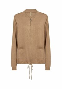 Cardigan lavorato a maglia marrone chiaro, con collo rotondo, zip frontale, due tasche anteriori e fondo con cordino. Texture liscia e vestibilità rilassata.