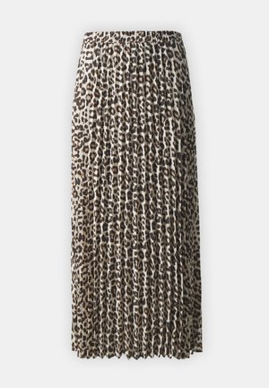 Pleated midi skirt in a lightweight fabric, featuring a leopard print pattern with tan and black colors, an elastic waistband, and textured folds.
