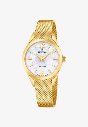 Montre avec bracelet en maille dorée, boîtier rond, cadran irisé blanc, index et aiguilles dorés. Comprend un verre saphir, fabriqué en Suisse.