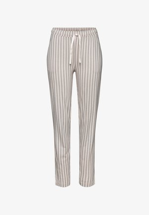 Pantalons légers à taille élastique avec un motif rayé beige et bleu. Équipés d'un cordon de serrage et de jambes fuselées. Texture de tissu douce.