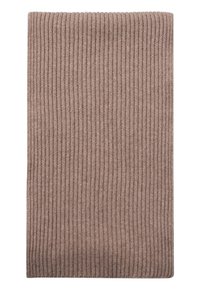 Sciarpa a coste in morbido materiale marrone, presenta una forma rettangolare e una superficie texture per calore e stile.