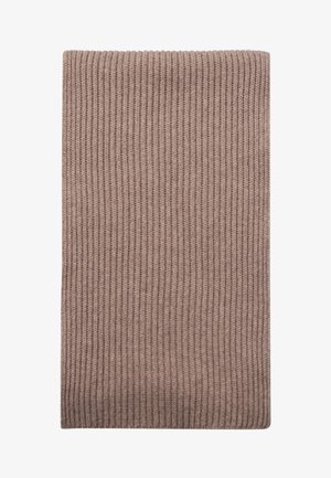 Geribbelde gebreide sjaal van zacht bruin materiaal, met een rechthoekige vorm en een textuur voor warmte en stijl.
