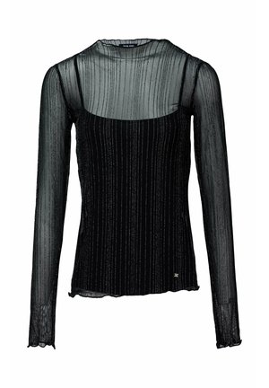 Top negro de manga larga con una superposición transparente y texturizada con rayas verticales. El diseño incluye una silueta ajustada y un dobladillo con borde ondulado.