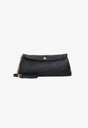 Black woven leather clutch bag with a flap closure, gold hardware, and a detachable chain strap. Smooth texture, sleek shape, and minimal design.