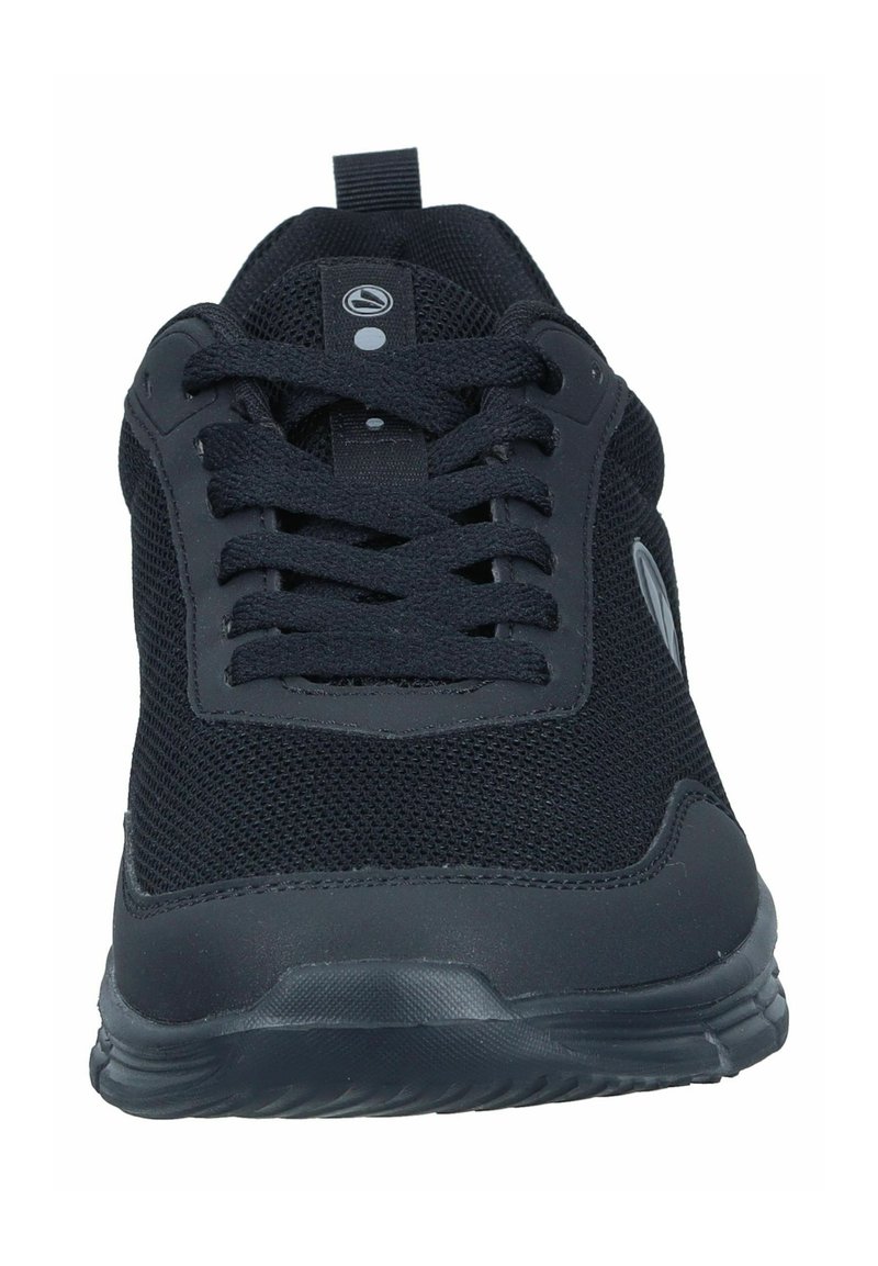 Zwarte sportieve schoenen met een bovenwerk van mesh, ronde neus en vetersluiting. Voorzien van een gevulkaniseerde rubberen zool en een minimalistisch logo-detail.