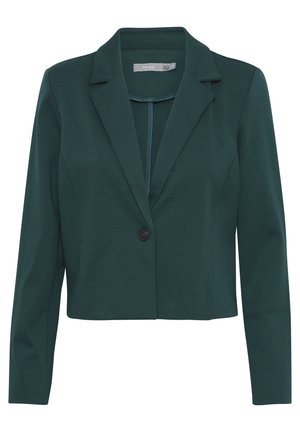 Donkerblauwe cropped blazer met een enkele zwarte knoop, notch-lapels en lange mouwen, gemaakt van een gladde, rekbare stof.